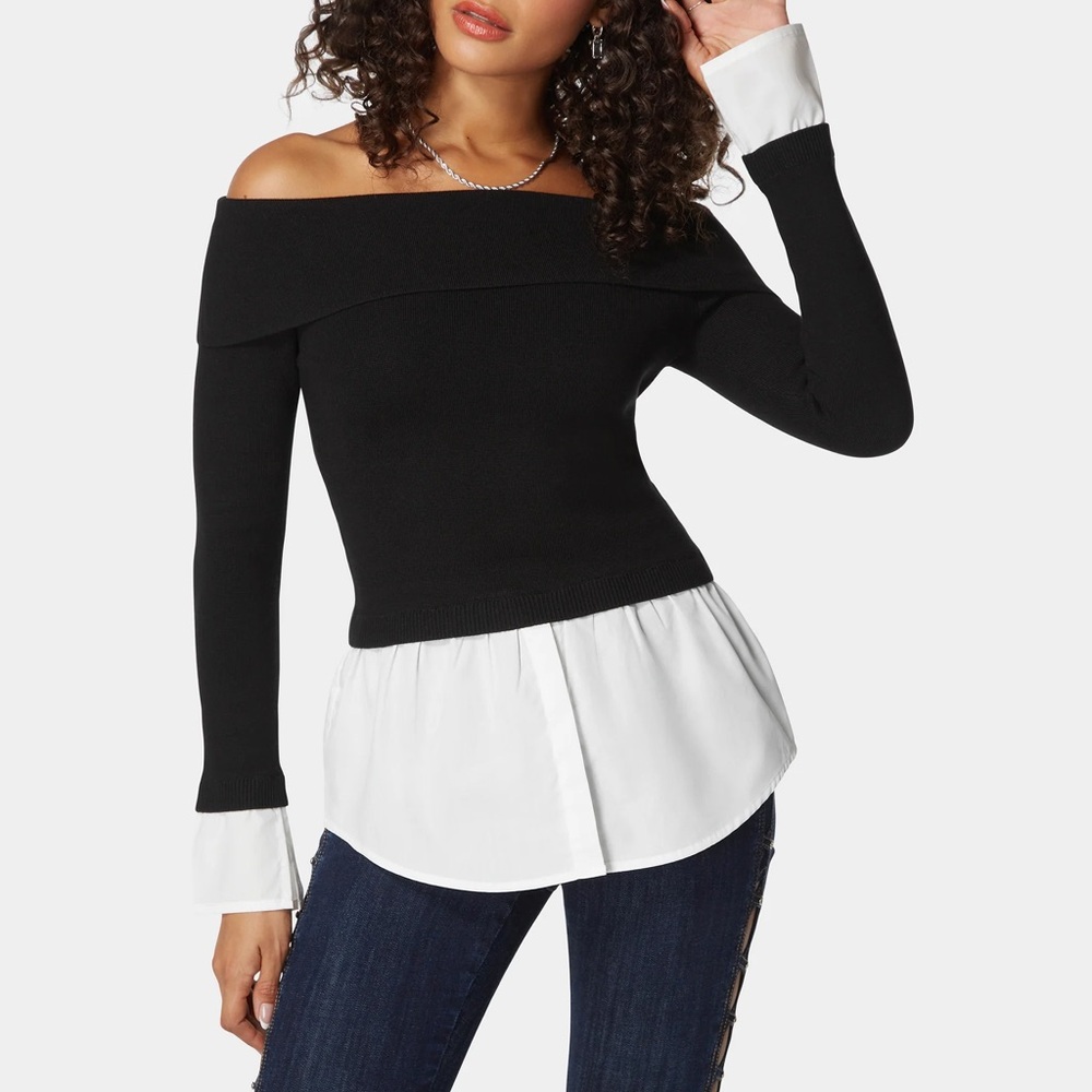BEBE BLACK/WHITE POPLIN COMBO FOLD OVER OFF SHOULDER SWEATER TOP NEVER WORN XS